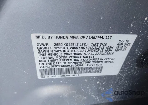 2019 Honda Pilot Ex-L z USA, uszkodzony, nr VIN 5FNYF6H59KB100574